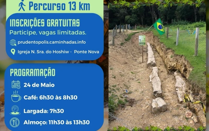 Pessoas caminhando em um cenário natural exuberante, com destaque para a vegetação e a paisagem rural.